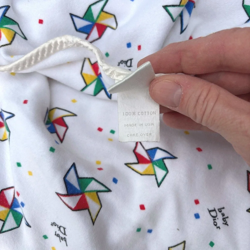 Vintage 80s Baby Dior Pinwheel Print Cotton Blanket Satin Trim White Multi 32x28